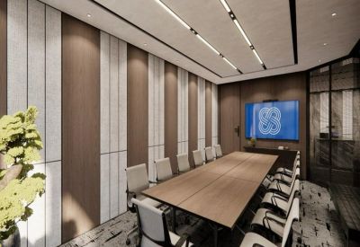 Professional boardroom with a long wooden table, white executive chairs, and wood-paneled walls.