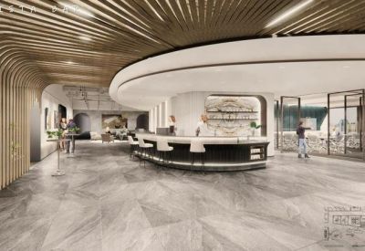 Elegant lounge area featuring a circular central bar and warm wood-slat ceiling design.