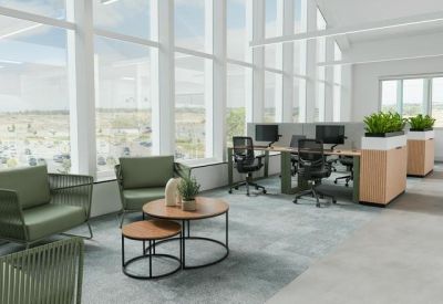 Bright sunlit lounge area with green armchairs and potted plants.