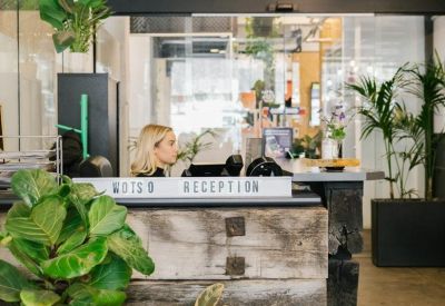 Reception desk crafted from reclaimed timber with a variety of potted plants.