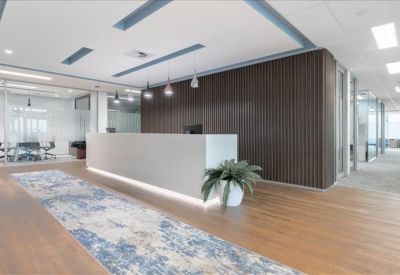 Sleek minimalist reception desk with a dark wood feature wall and indoor plant.