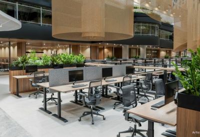 Expansive open-plan office area with height-adjustable desks and decorative greenery.
