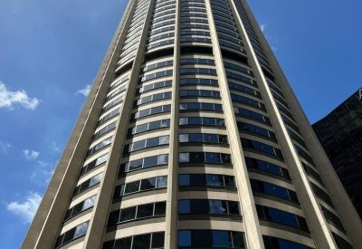 Upward view of the circular concrete facade of Australia Square at 264 George Street.