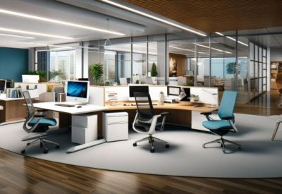 Modern open-plan office with ergonomic chairs and white desks on a curved grey rug.
