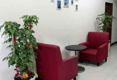 Waiting area with two red armchairs, a small round table, and a large indoor plant.