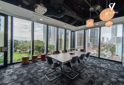 Glass-walled corner meeting room with a large wooden table and panoramic urban views.