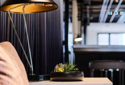 Close-up of a desk lamp and small potted plant on a wooden surface.