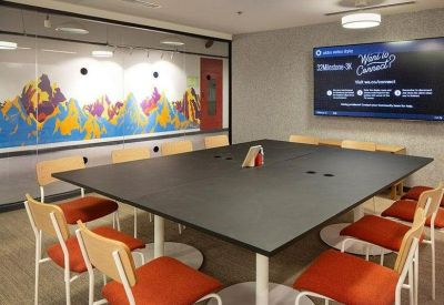 Meeting room featuring a large black table, orange chairs, and a colorful mountain mural.