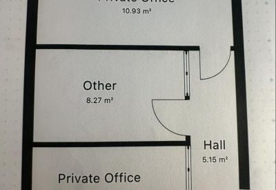 Detailed floor plan showing three office spaces and a hallway.