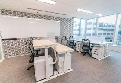 Bright office space featuring height-adjustable desks and patterned wallpaper.