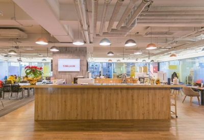 Modern reception area with a long wooden counter and hanging pendant lights.