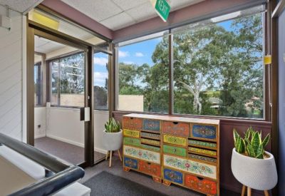 Bright sunroom or breakout space with a colorful patterned chest and indoor plants.