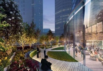 Lush outdoor terrace lounge with curved glass walls and city views.