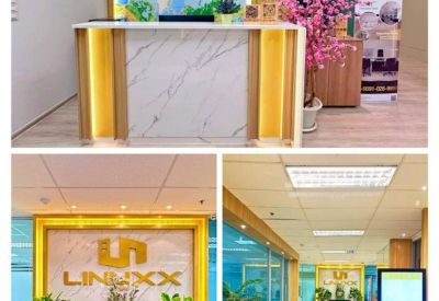 Three views of a reception area featuring marble textures, gold accents, and pink floral decor.
