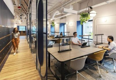 Open-plan office with timber desks, individual task lamps, and glass partitions.