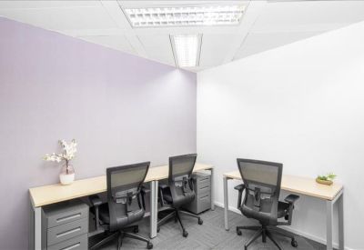 Private office suite with three workstations and neutral purple feature wall.