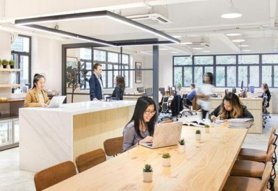 Spacious open-plan workspace featuring long wooden tables, laptops, and natural light.