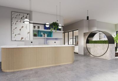 Sleek wooden reception desk with marble accents and designer lighting.