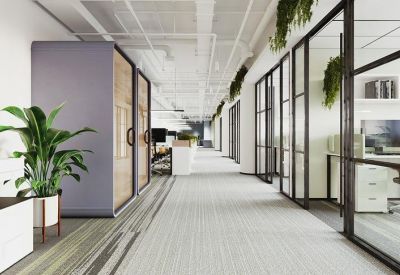Bright hallway featuring glass-walled private offices and indoor plants.