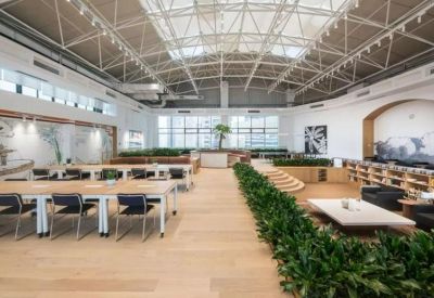 Bright open-plan office with communal desks and indoor plants under a vaulted ceiling.