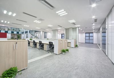 Bright open-plan office with white desks, ergonomic chairs, and potted greenery.