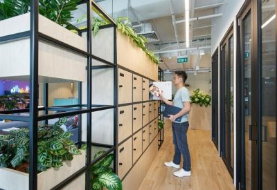 Timber-clad corridor with integrated storage lockers and indoor greenery.
