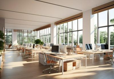 Sun-drenched open-plan workspace with rows of wooden desks and large floor-to-ceiling windows.