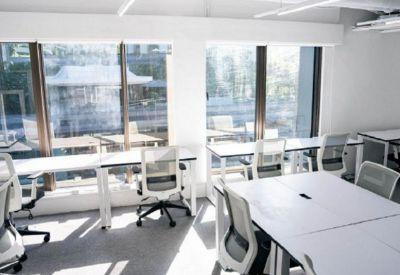 Sunlit open-plan office with multiple rows of white workstations and city views.
