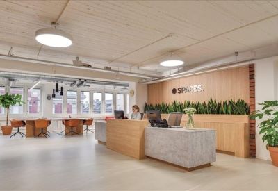 Modern reception area with light wood paneling, a large stone desk, and green plants.
