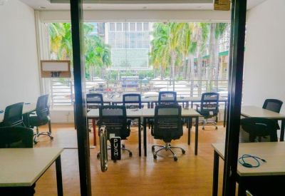 Bright shared office space with rows of desks and a large window overlooking trees.