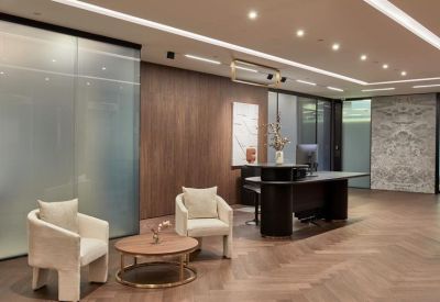 Elegant reception area with wood paneled walls, herringbone floors, and a dark stone desk.