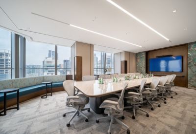 Large boardroom featuring a long white table and panoramic city views.