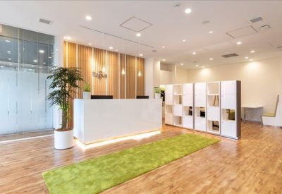 Bright reception area featuring a white desk, green rug, and warm wood-paneled accents.