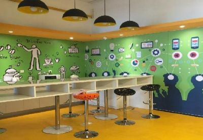 Bright communal break area with green illustrated walls, yellow floors, and bar seating.