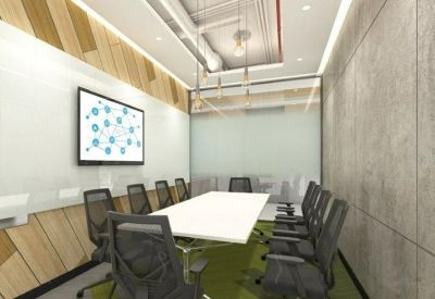 Professional meeting room with a large screen, white table, and wood-paneled walls.