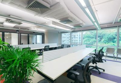 Bright open-plan workspace with rows of white desks, ergonomic chairs, and indoor plants.