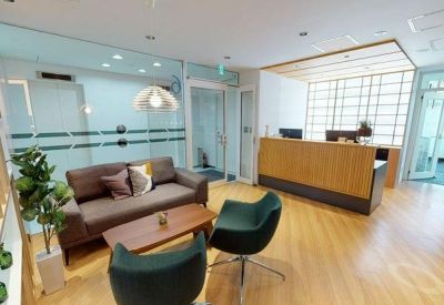 Modern reception area with a wooden desk, plush grey sofa, and green swivel chairs.