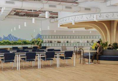 Large open-plan office area with long blue work tables and a mountain-themed wall mural.