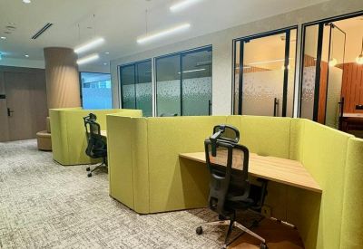 Stylish breakout area with comfortable armchairs and a glass-enclosed indoor garden feature.