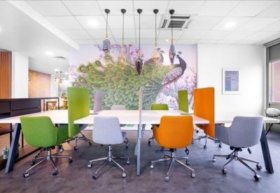 Colorful coworking space with a large peacock wall graphic and bright orange and green chairs.