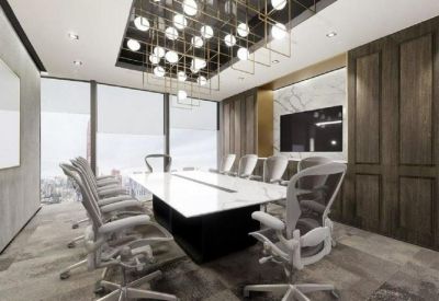Professional boardroom with a white marble table, ergonomic mesh chairs, and a geometric chandelier.