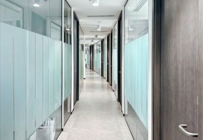 Brightly lit office corridor with glass partitions and frosted privacy bands.