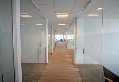 Bright hallway with glass-walled office suites and carpeted flooring.