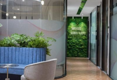 Lounge area featuring a blue curved sofa, potted plants, and a vibrant green moss wall.