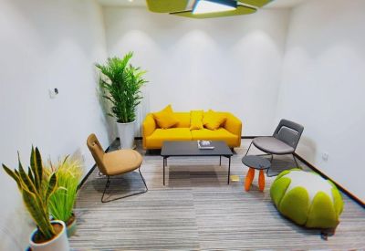 Private breakout room featuring a yellow sofa and green plants.