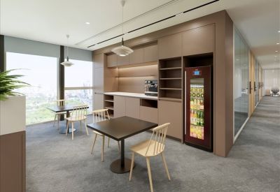 Office kitchen area with coffee machine and stocked beverage fridge.