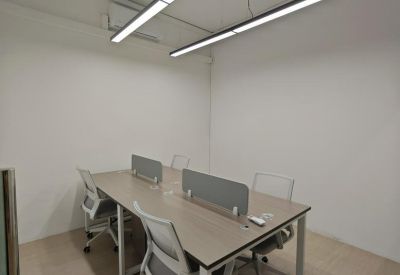 Private office suite for four people with linear overhead LED lighting.