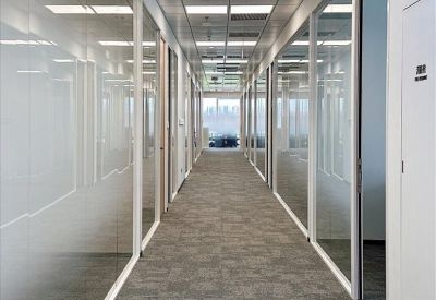 Clean office corridor featuring carpeted flooring and frosted glass office fronts.