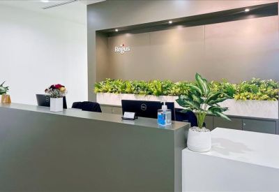 Modern reception desk with green plants and warm lighting.
