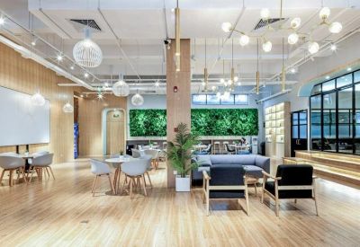Bright reception area featuring a living moss wall and modern pendant lighting.